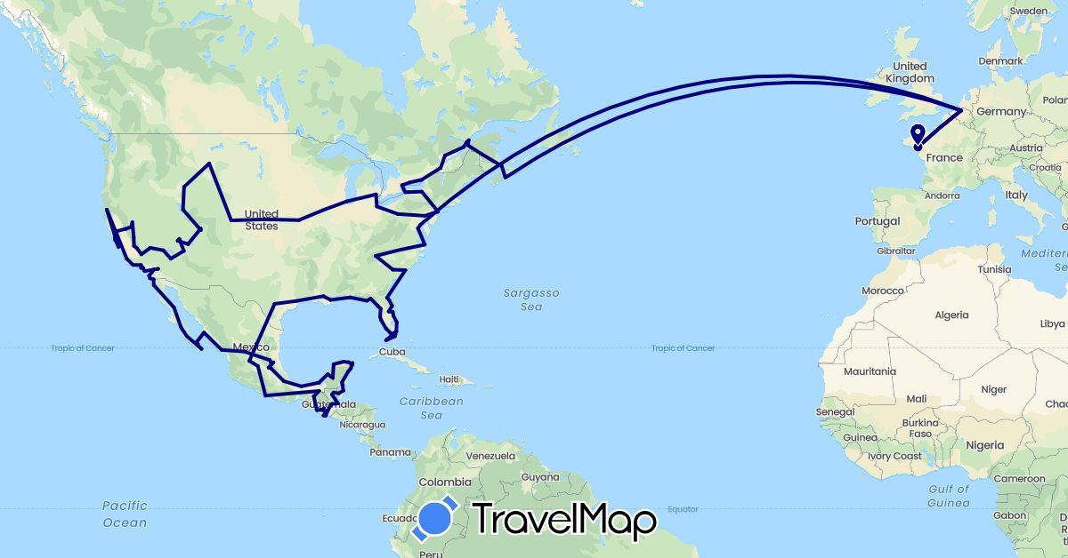 TravelMap itinerary: driving in Belgium, Belize, Canada, France, Guatemala, Mexico, United States (Europe, North America)
